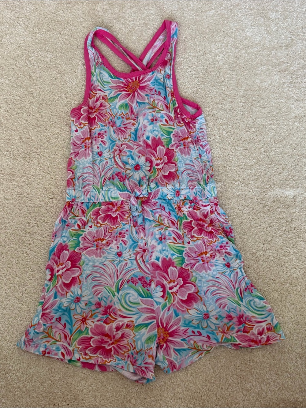 Posh Peanut Pink Floral Tank Romper with Multicolor Print